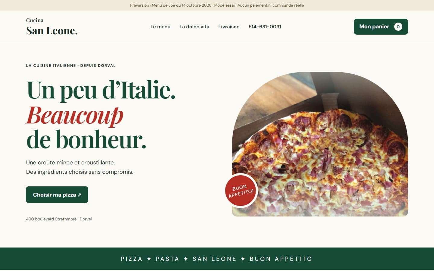 Page d'accueil du site pizzasanleone.ca, sur ordinateur