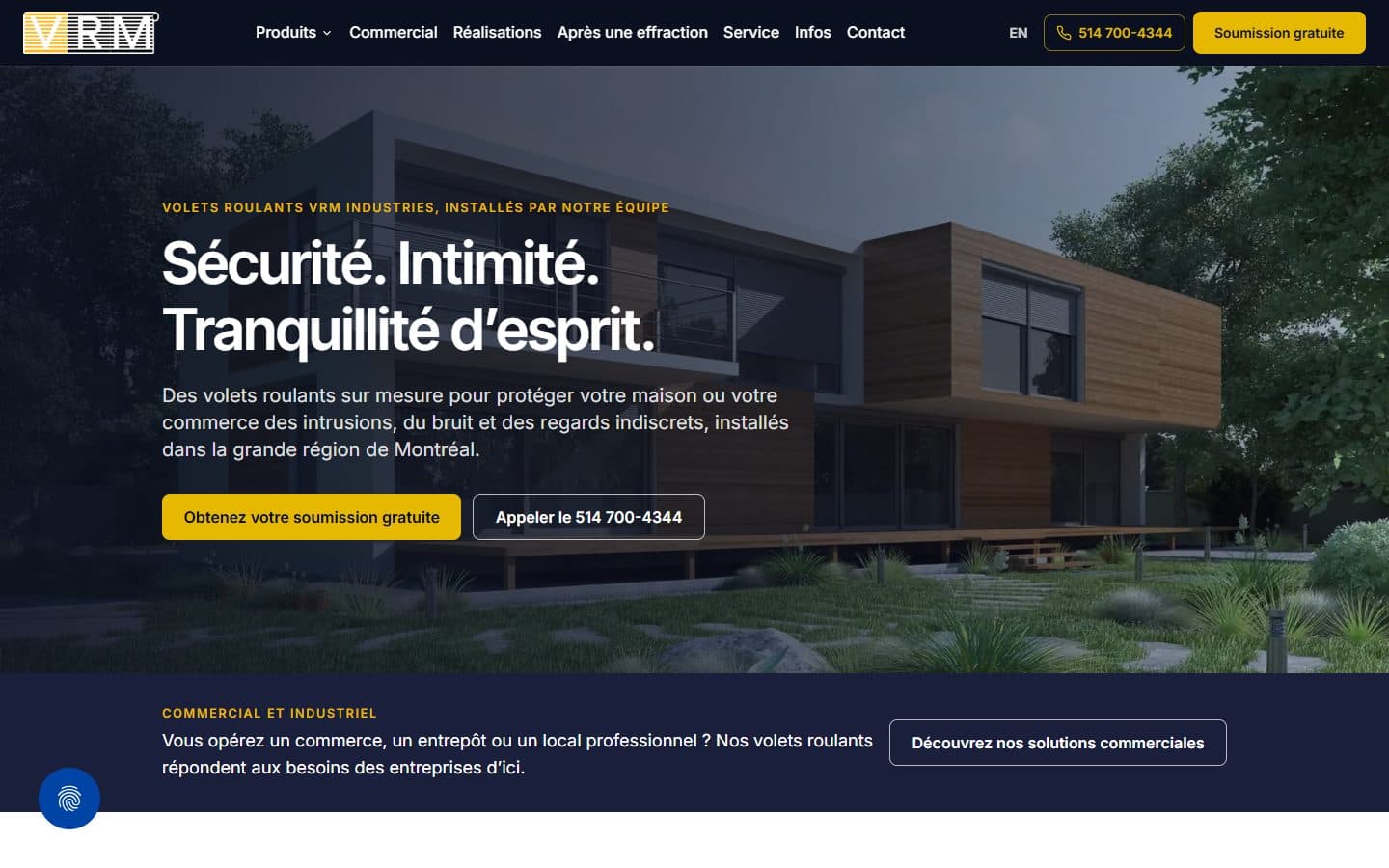 Page d'accueil du site voletsroulantsmontreal.com, sur ordinateur
